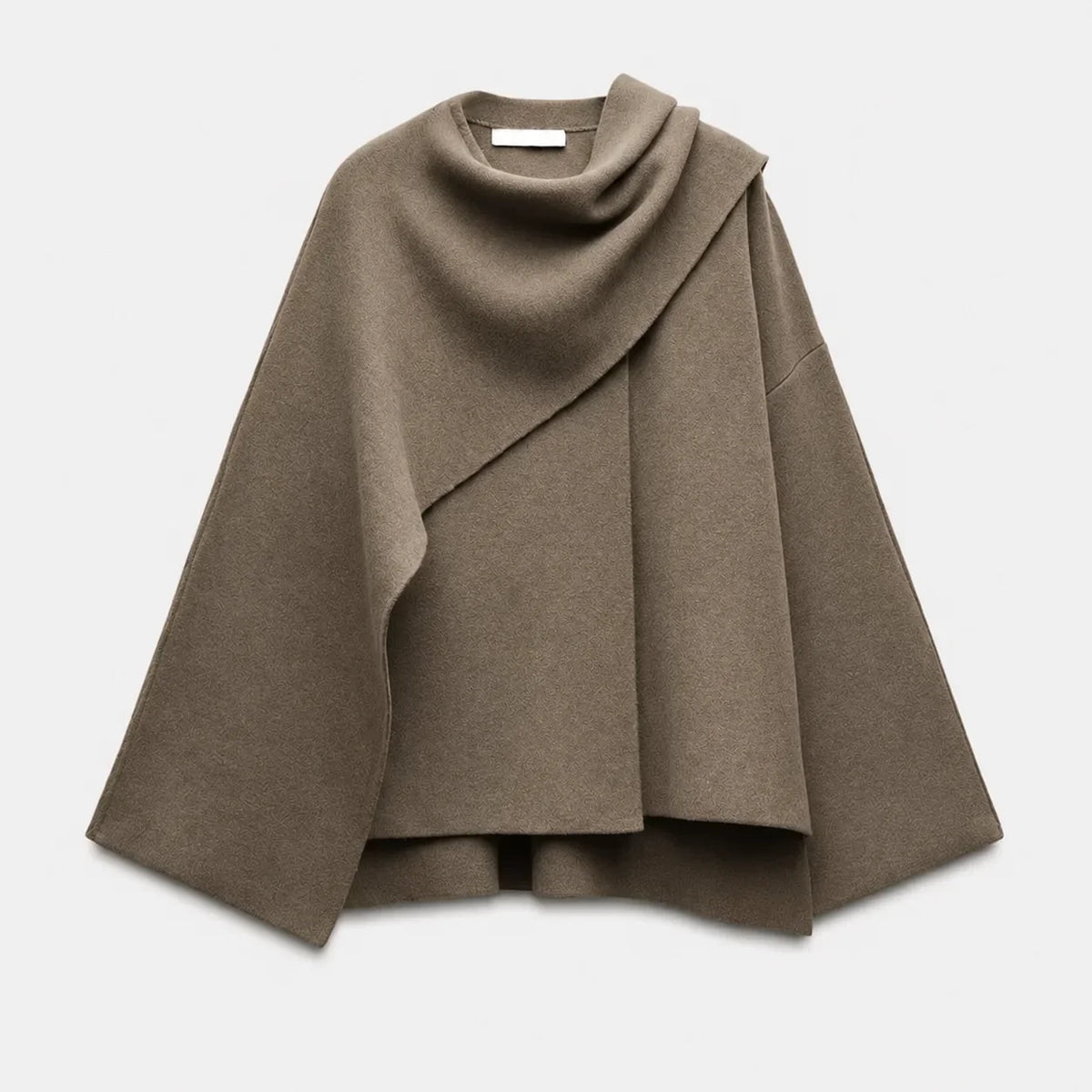 Women's textured short cardigan with wide sleeves and asymmetrical draped neckline – Beige