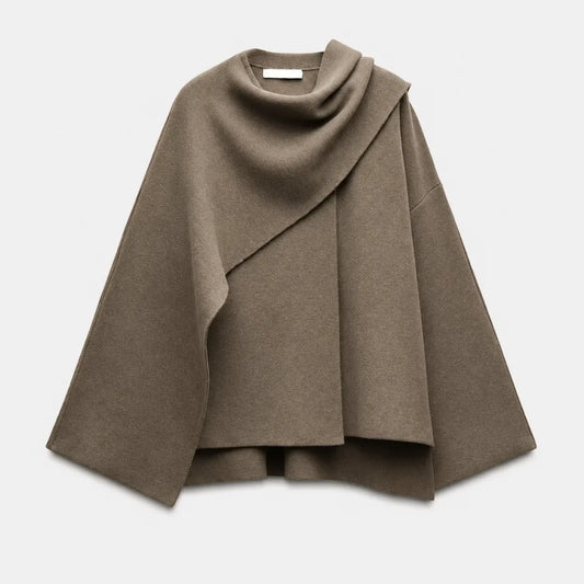 Women's textured short cardigan with wide sleeves and asymmetrical draped neckline – Beige