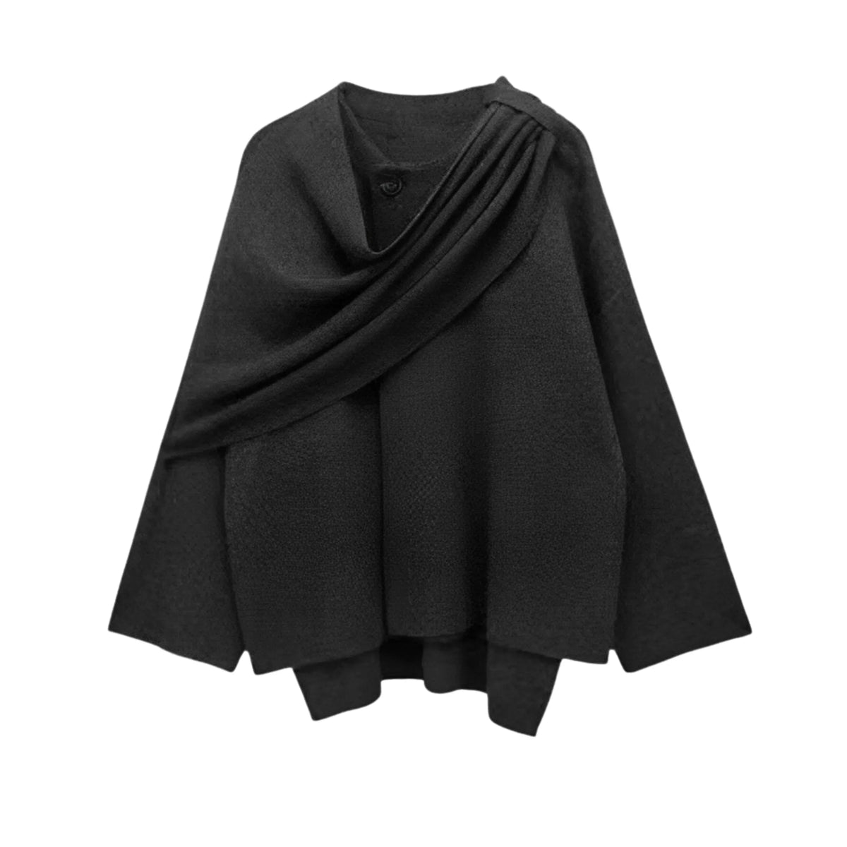 Women's textured short cardigan with wide sleeves and asymmetrical draped neckline – Black