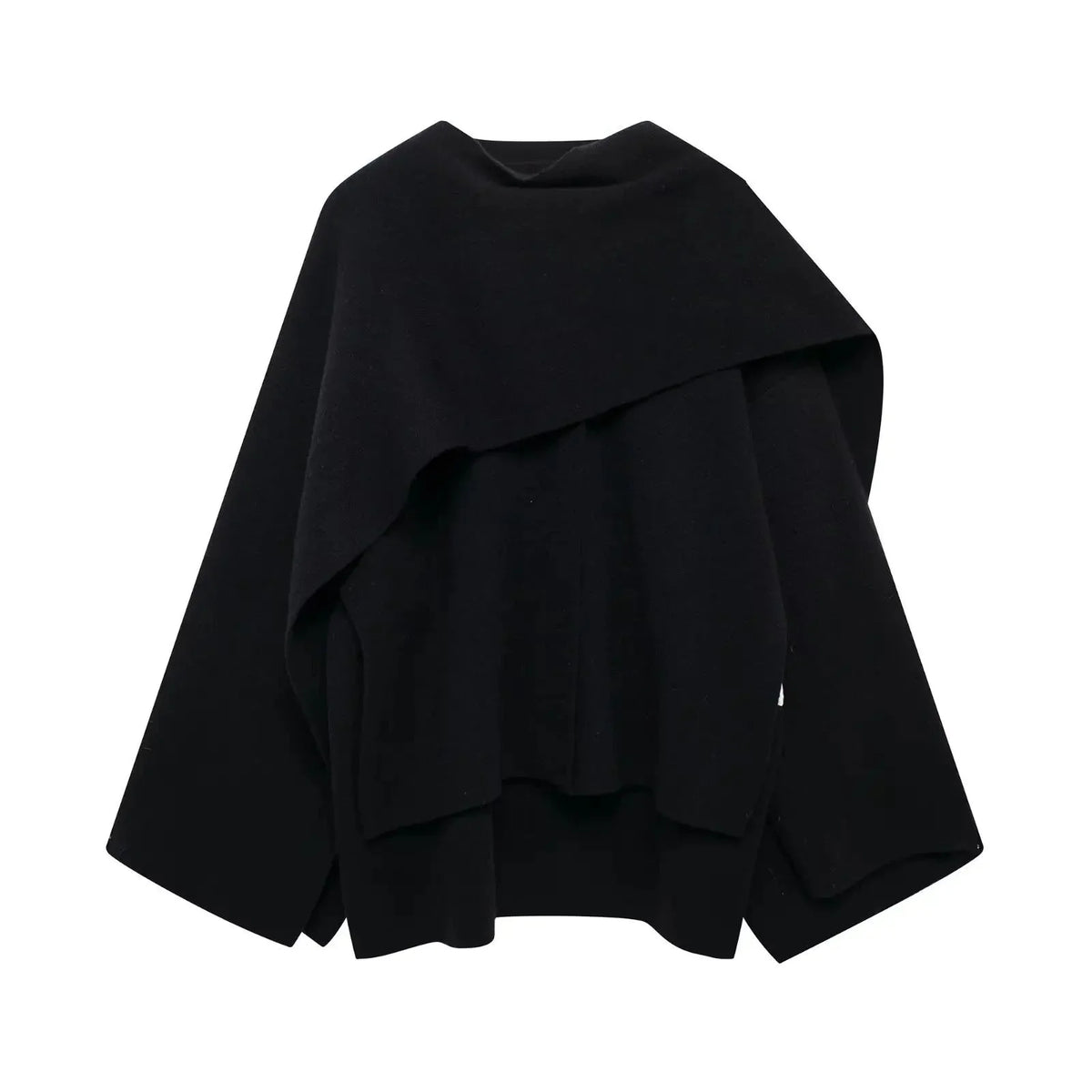Women's textured short cardigan with wide sleeves and asymmetrical draped neckline – Dark Black