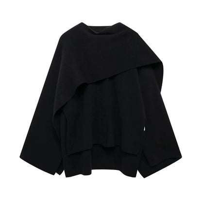 Women's textured short cardigan with wide sleeves and asymmetrical draped neckline – Dark Black