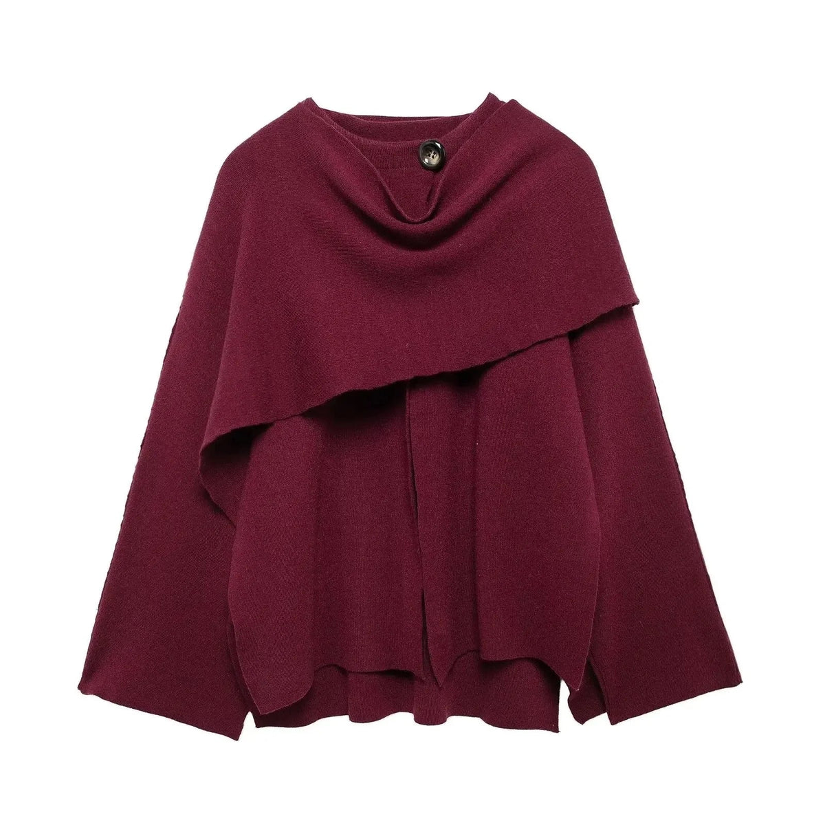 Women's textured short cardigan with wide sleeves and asymmetrical draped neckline – Maroon