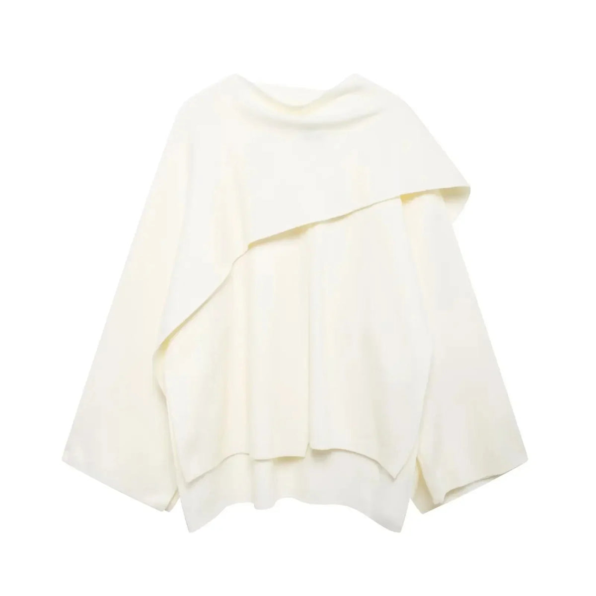 Women's textured short cardigan with wide sleeves and asymmetrical draped neckline – White