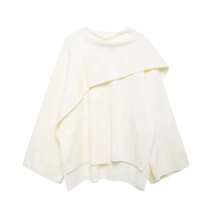 Women's textured short cardigan with wide sleeves and asymmetrical draped neckline – White
