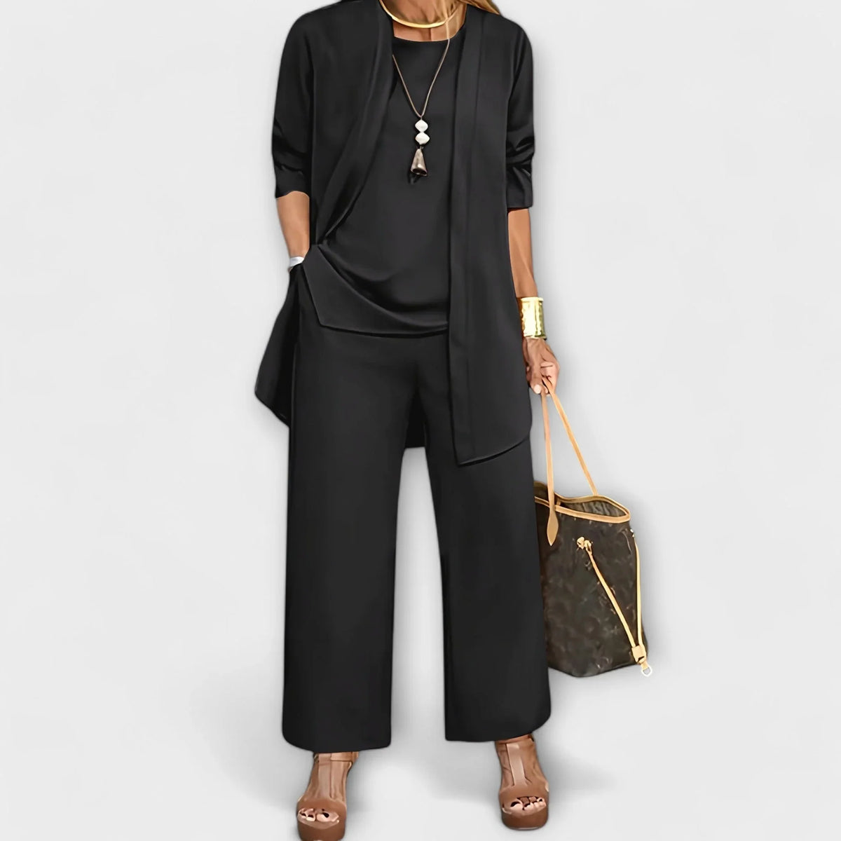 Women's three-piece coordinated set with wide-leg trousers and open-front cardigan – Black