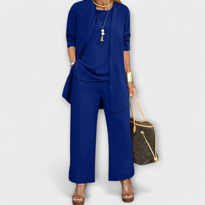 Women's three-piece coordinated set with wide-leg trousers and open-front cardigan – Blue