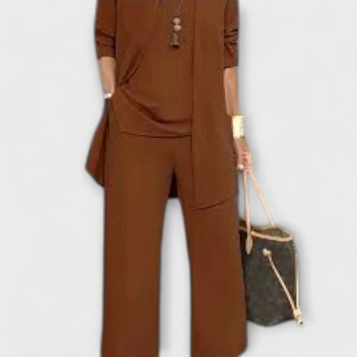 Women's three-piece coordinated set with wide-leg trousers and open-front cardigan – Dark Brown