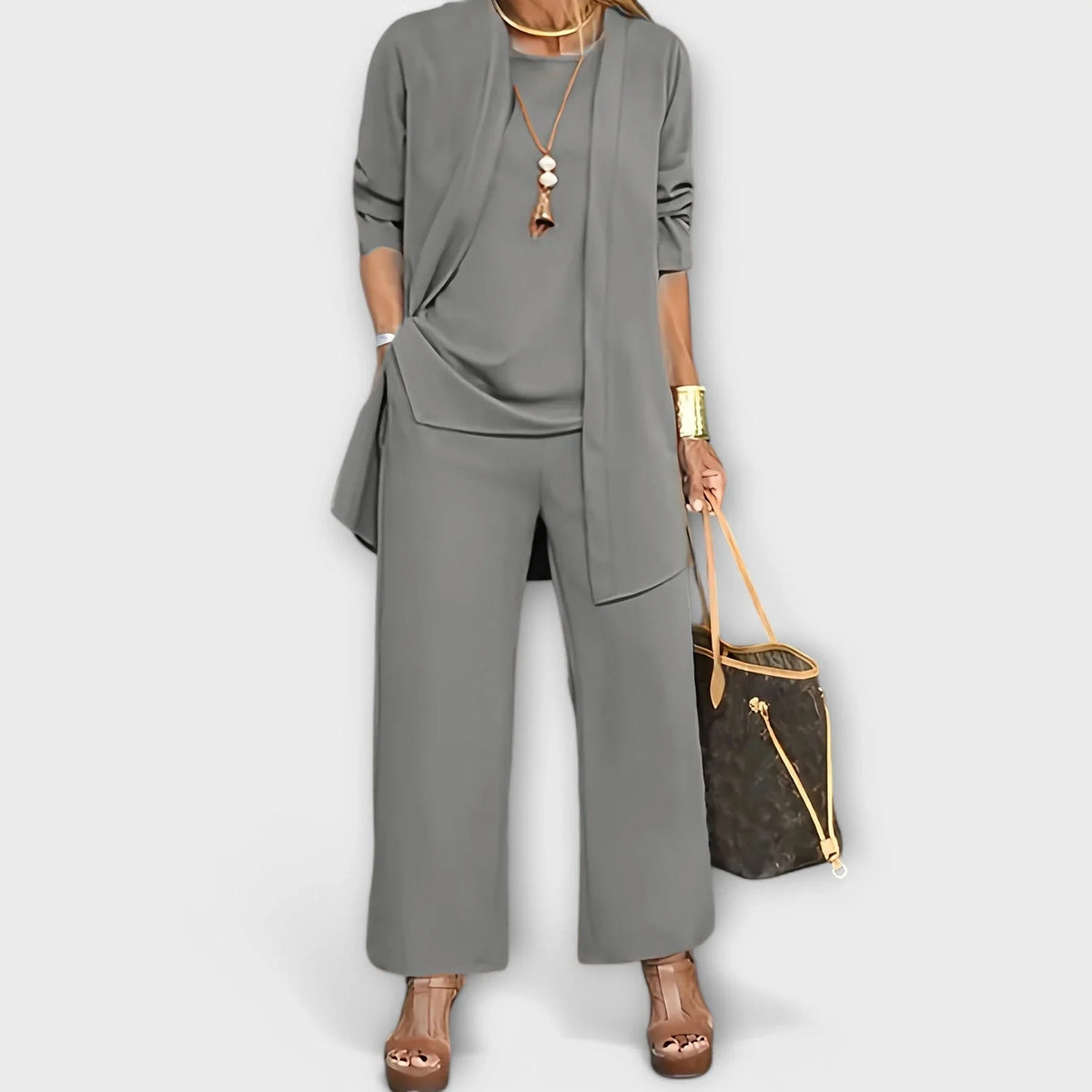 Women's three-piece coordinated set with wide-leg trousers and open-front cardigan – Grey