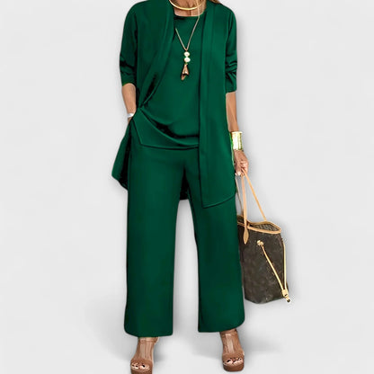 Women's three-piece coordinated set with wide-leg trousers and open-front cardigan – Green