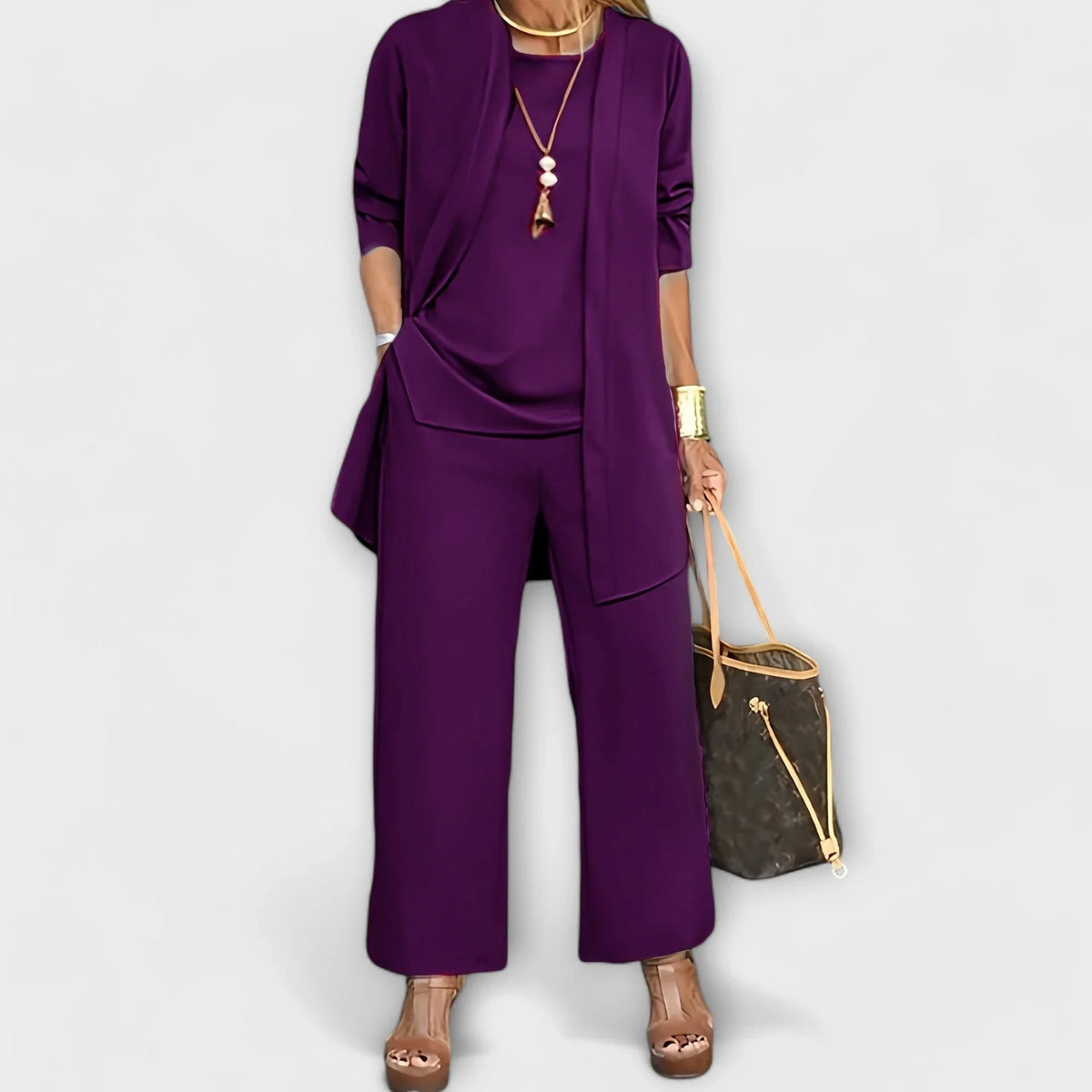 Women's three-piece coordinated set with wide-leg trousers and open-front cardigan – Purple