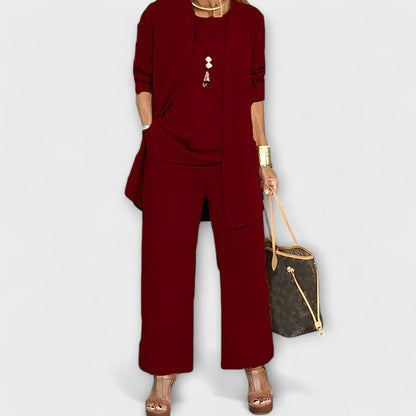 Women's three-piece coordinated set with wide-leg trousers and open-front cardigan – Red