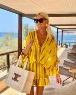 Women's tie-dye mini dress with V-neck flowy long sleeve high-waisted – Yellow