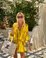 Women's tie-dye mini dress with V-neck flowy long sleeve high-waisted – Yellow