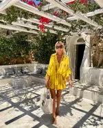 Women's tie-dye mini dress with V-neck flowy long sleeve high-waisted – Yellow