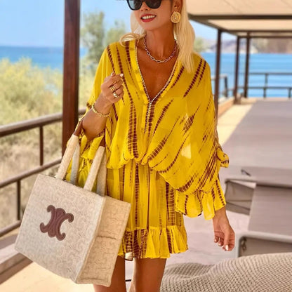 Women's tie-dye mini dress with V-neck flowy long sleeve high-waisted – Yellow