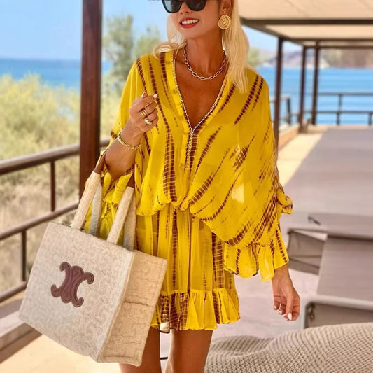 Women's tie-dye mini dress with V-neck flowy long sleeve high-waisted – Yellow
