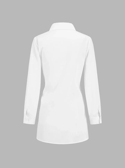 Women's tie-waist button-down long-sleeve shirt blouse with V-neck collar
