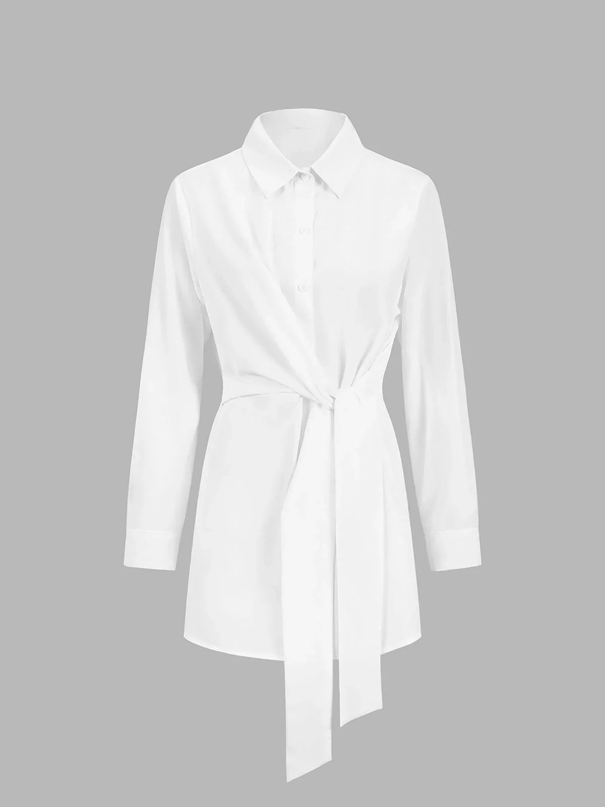 Women's tie-waist button-down long-sleeve shirt blouse with V-neck collar