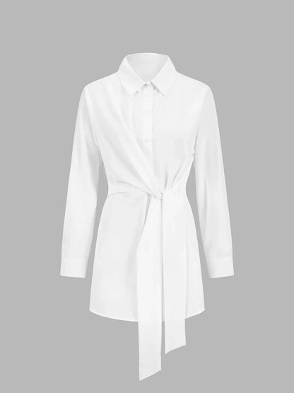 Women's tie-waist button-down long-sleeve shirt blouse with V-neck collar