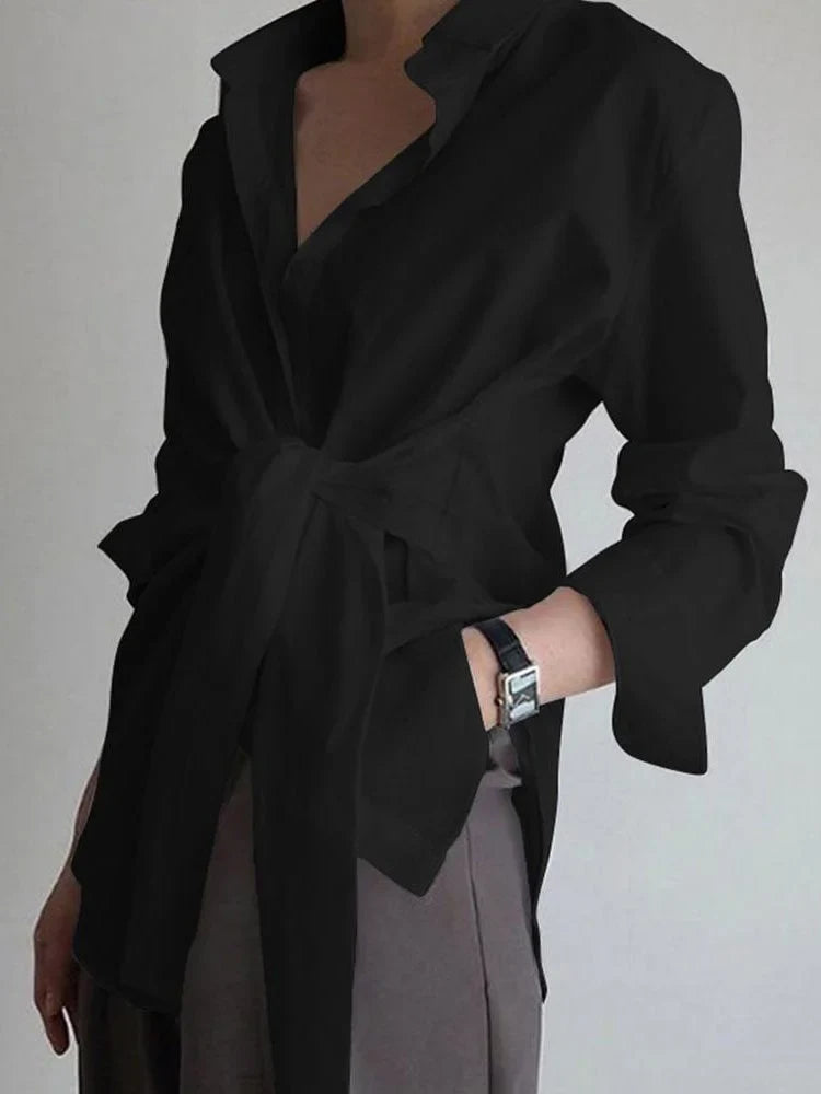 Women's tie-waist button-down long-sleeve shirt blouse with V-neck collar – Black