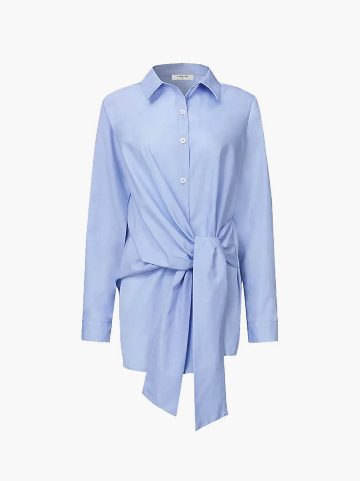 Women's tie-waist button-down long-sleeve shirt blouse with V-neck collar – Blue