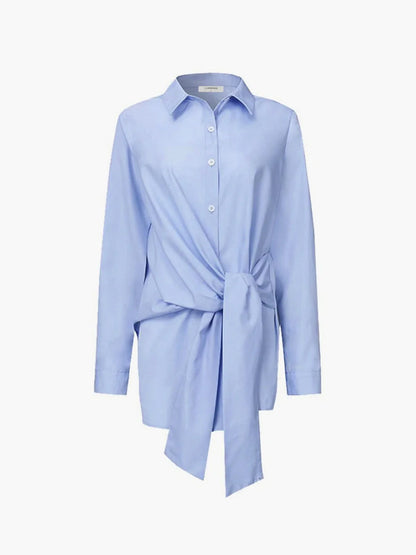 Women's tie-waist button-down long-sleeve shirt blouse with V-neck collar – Blue