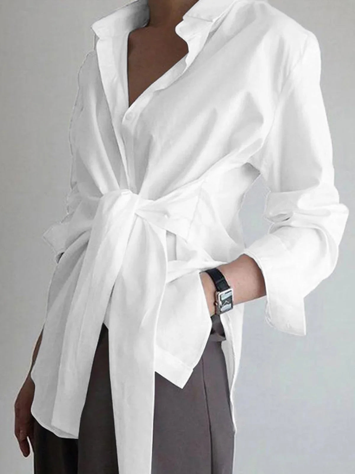 Women's tie-waist button-down long-sleeve shirt blouse with V-neck collar – White