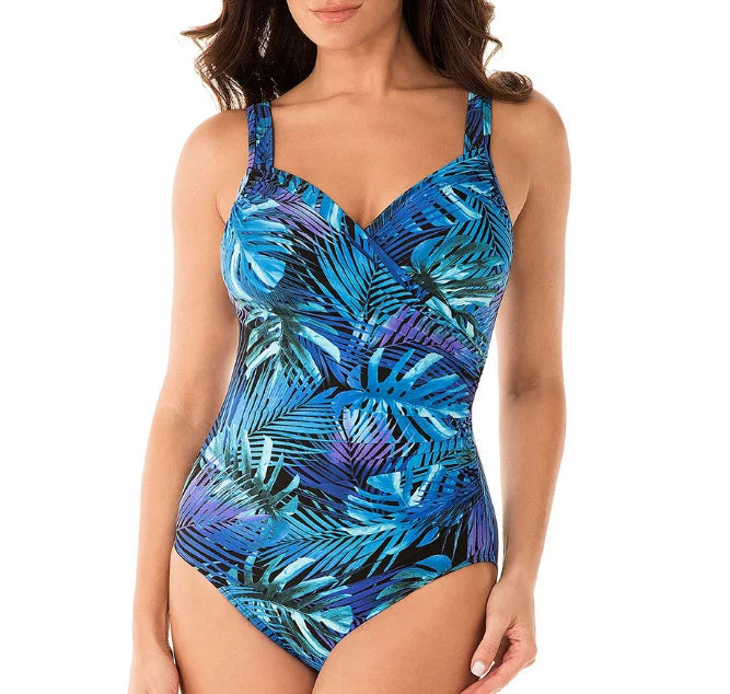 Women's tropical leaf print tummy control swimsuit with V-neck and wide straps – Sky Blue