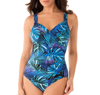 Women's tropical leaf print tummy control swimsuit with V-neck and wide straps – Sky Blue