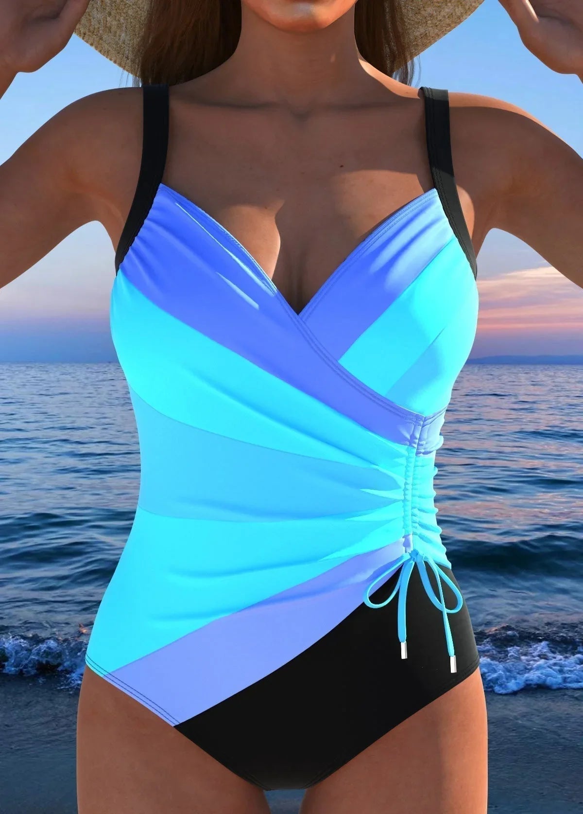 Women's tummy-control printed swimsuit with wrap V-neck and ruched side – Blue