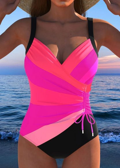 Women's tummy-control printed swimsuit with wrap V-neck and ruched side – Pink