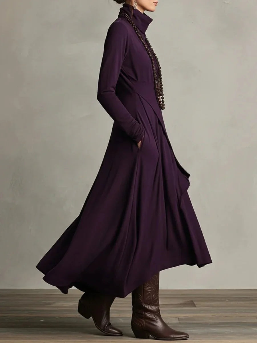 Women's turtleneck asymmetric hem draped long sleeve dress