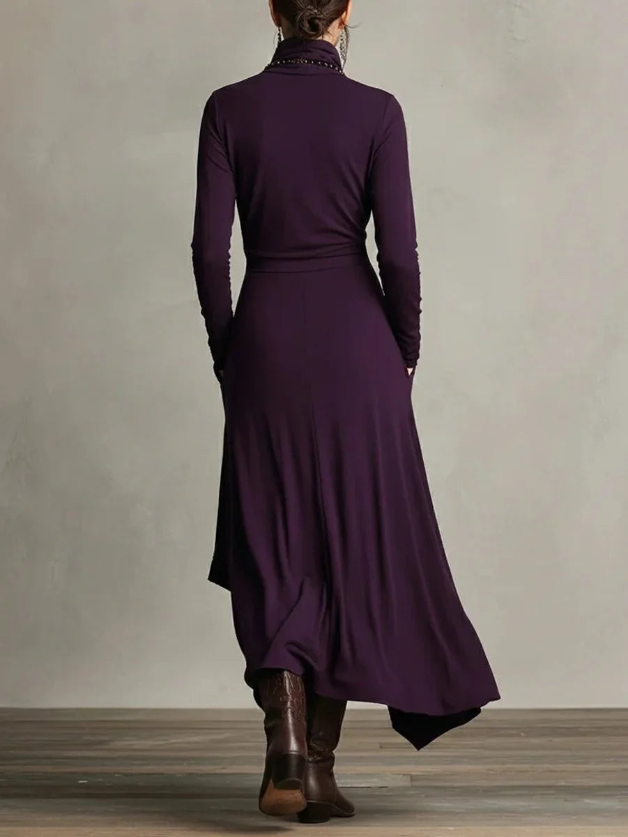 Women's turtleneck asymmetric hem draped long sleeve dress