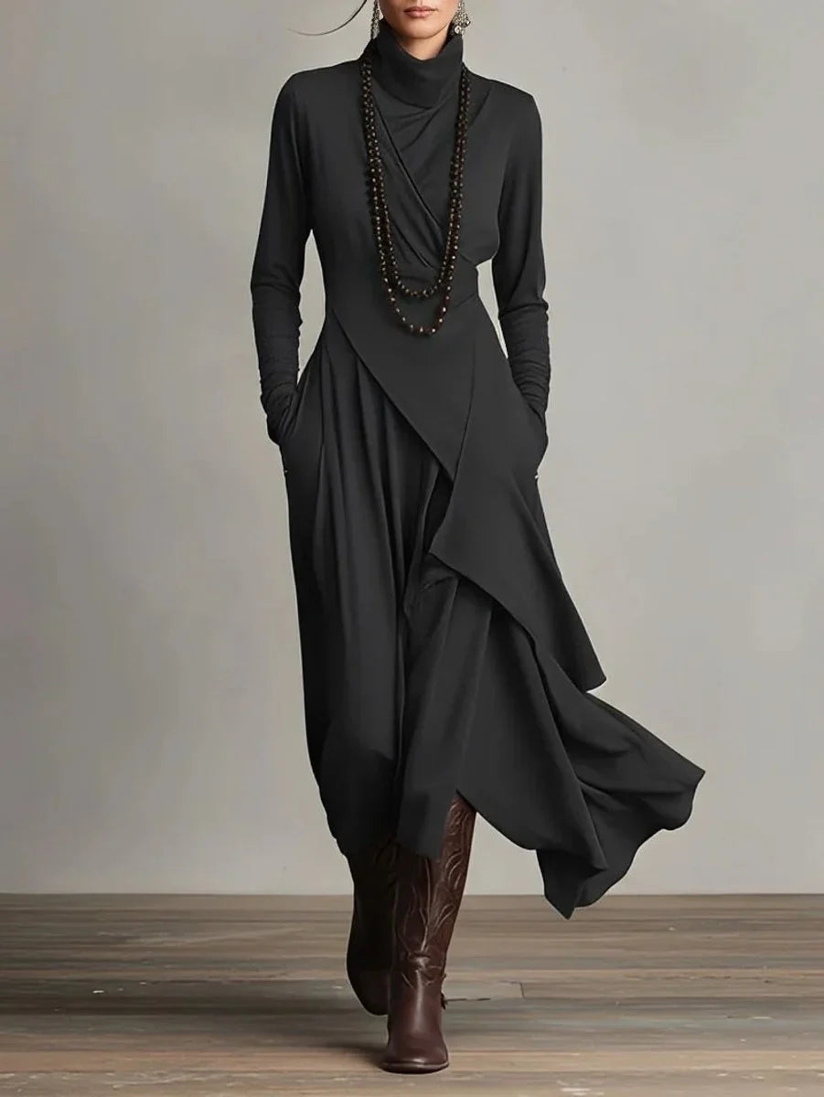 Women's turtleneck asymmetric hem draped long sleeve dress – Black