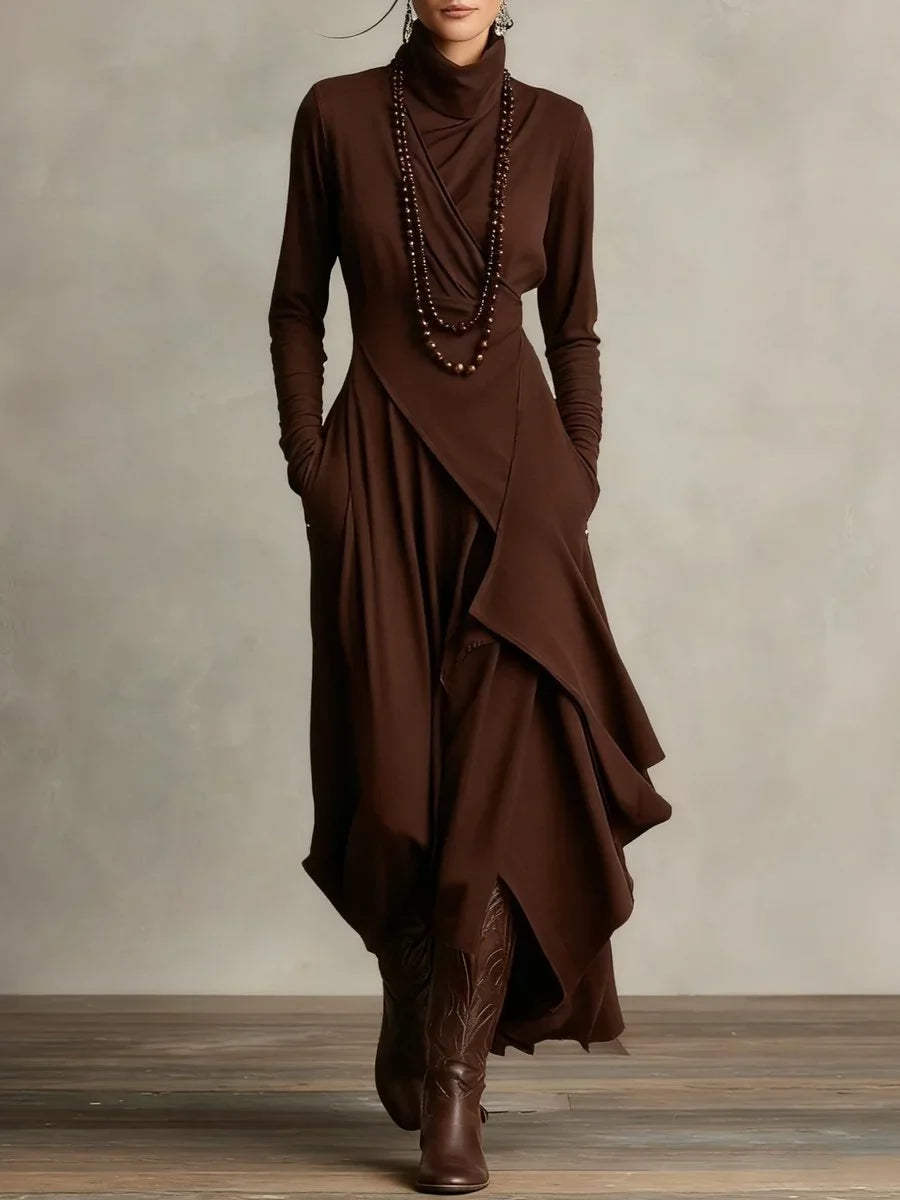 Women's turtleneck asymmetric hem draped long sleeve dress – Brown