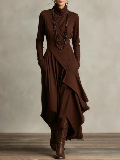 Women's turtleneck asymmetric hem draped long sleeve dress – Brown