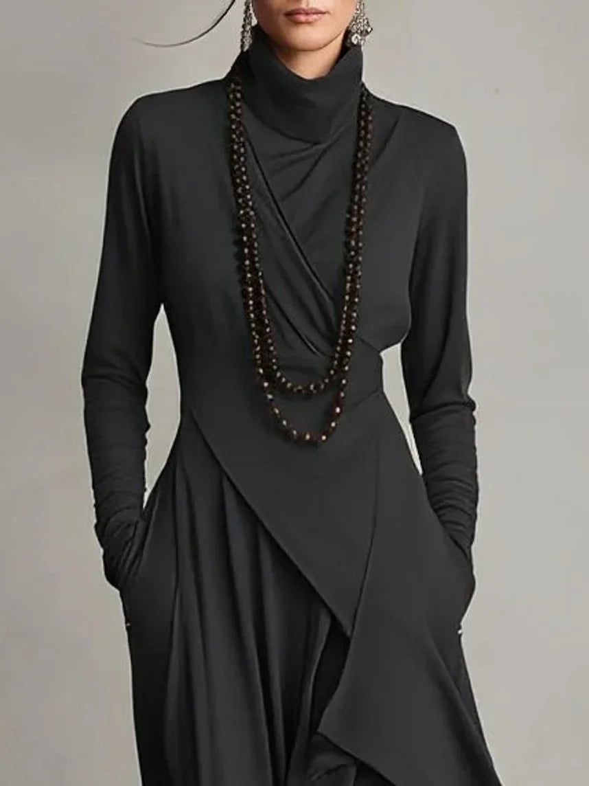 Women's turtleneck asymmetric hem draped long sleeve dress