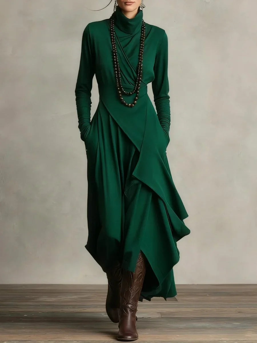 Women's turtleneck asymmetric hem draped long sleeve dress – Green