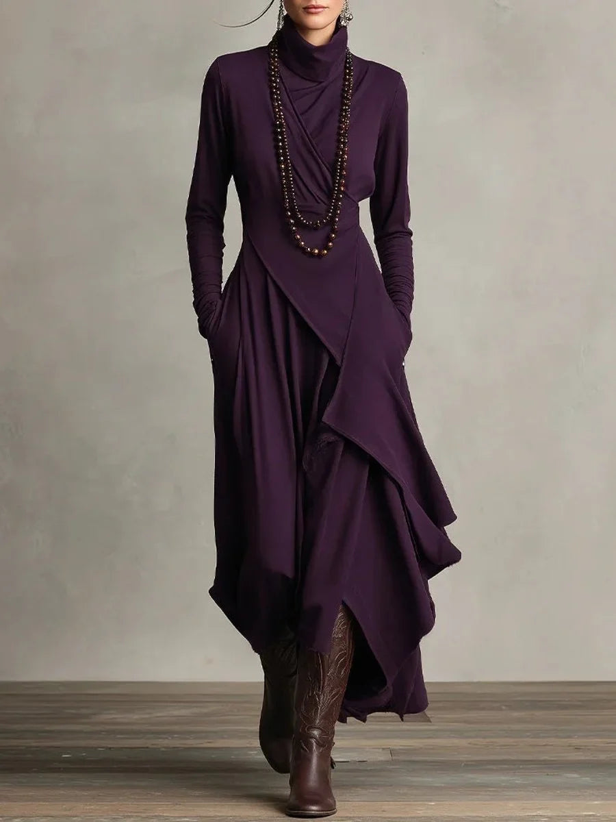 Women's turtleneck asymmetric hem draped long sleeve dress – Purple