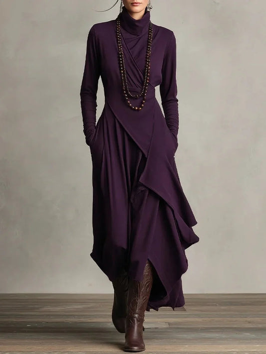 Women's turtleneck asymmetric hem draped long sleeve dress – Purple