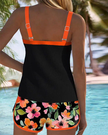 Women's two-piece ribbed tankini with square neck and floral shorts