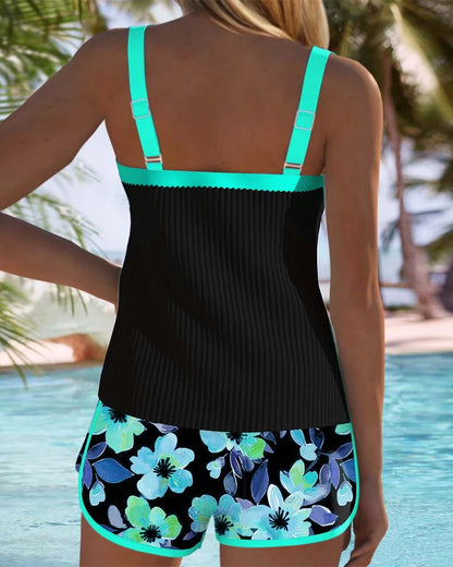 Women's two-piece ribbed tankini with square neck and floral shorts