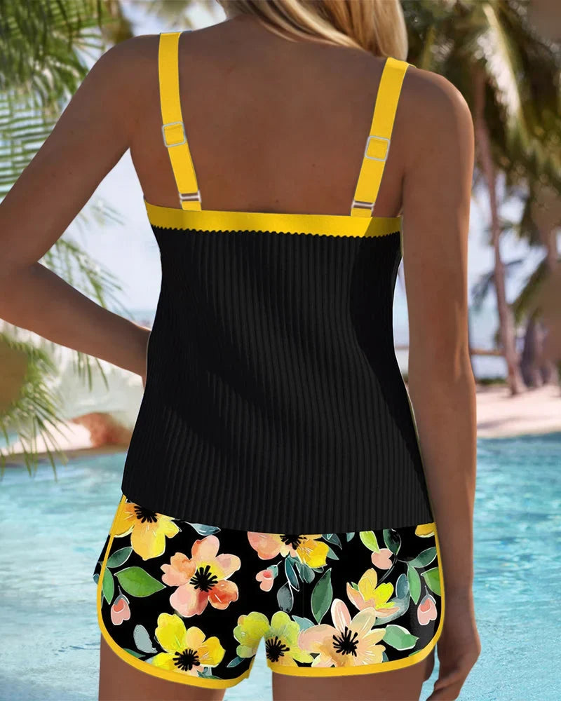 Women's two-piece ribbed tankini with square neck and floral shorts