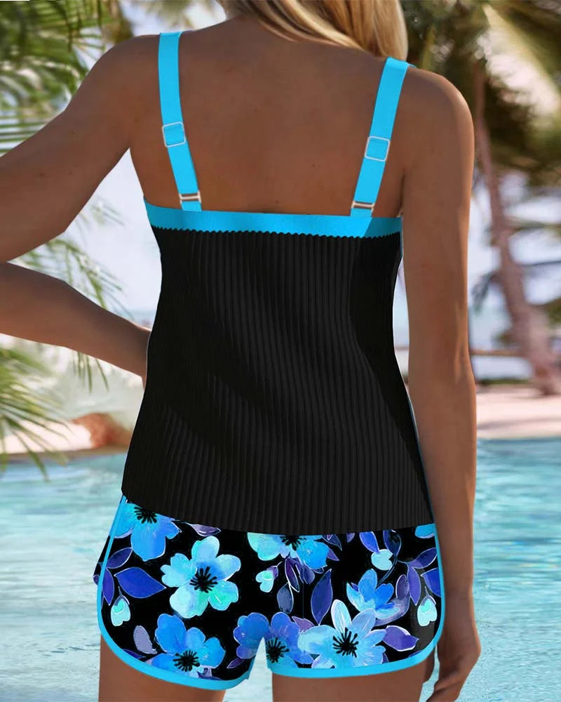 Women's two-piece ribbed tankini with square neck and floral shorts