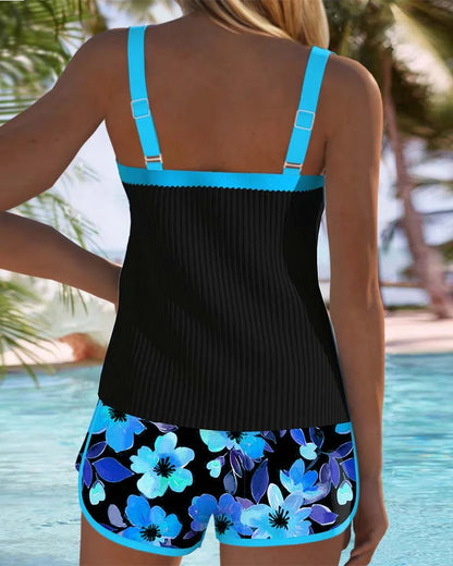 Women's two-piece ribbed tankini with square neck and floral shorts