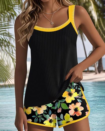 Women's two-piece ribbed tankini with square neck and floral shorts – Yellow