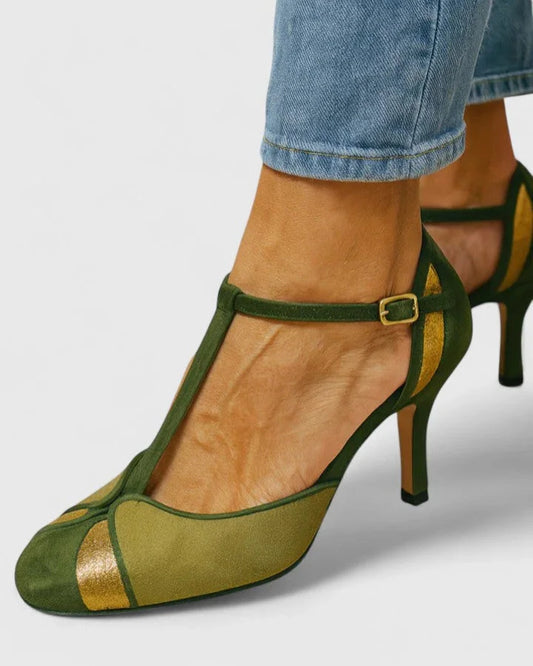 Women's two-tone suede T-bar heels with rounded-toe and ankle strap – Green