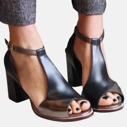 Women's two-tone leather peep-toe sandals with T-strap and block heel – Black