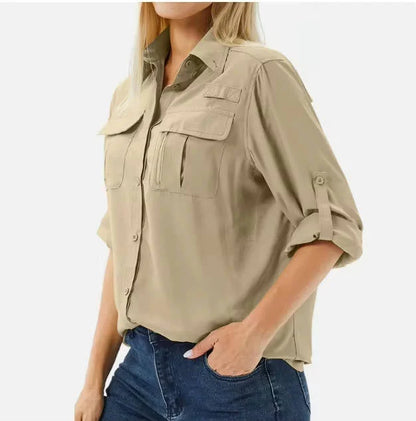 Women's UPF 50 long roll-up sleeve hiking safari shirt with zip pockets