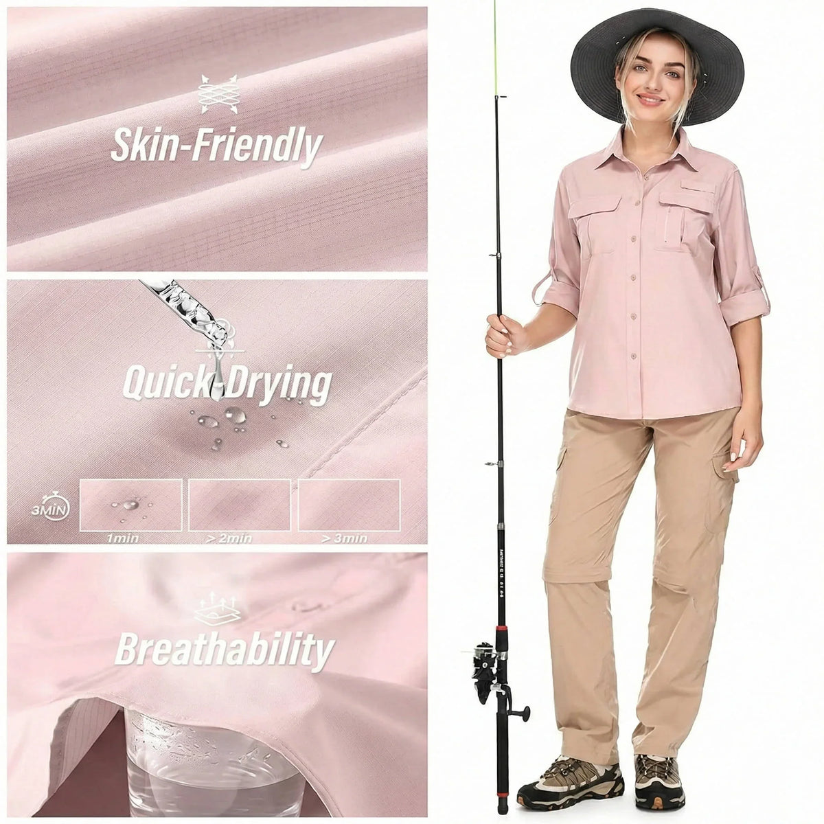 Women's UPF 50 long roll-up sleeve hiking safari shirt with zip pockets